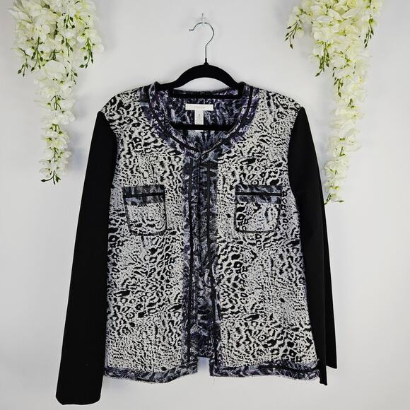 Chico’s Size 3 XL 16 Animal Print Open Front Blazer Jacket Black Purple Career - Picture 2 of 13